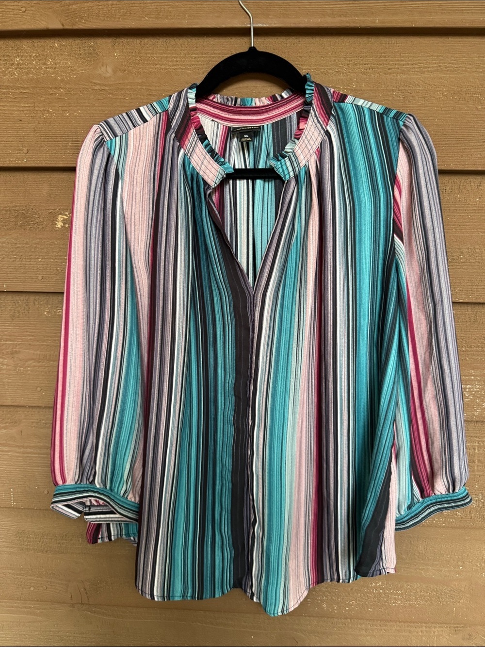 Worthington Striped V-Neck Blouse in Teal, Pink & Black size XL